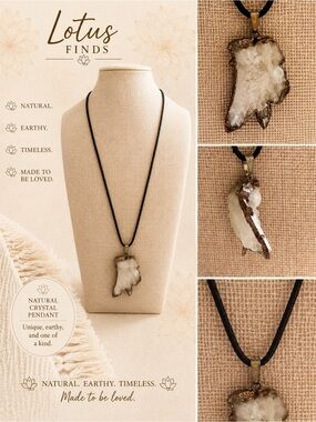 Boho Raw Crystal Pendant Necklace Black Cord Statement Jewelry